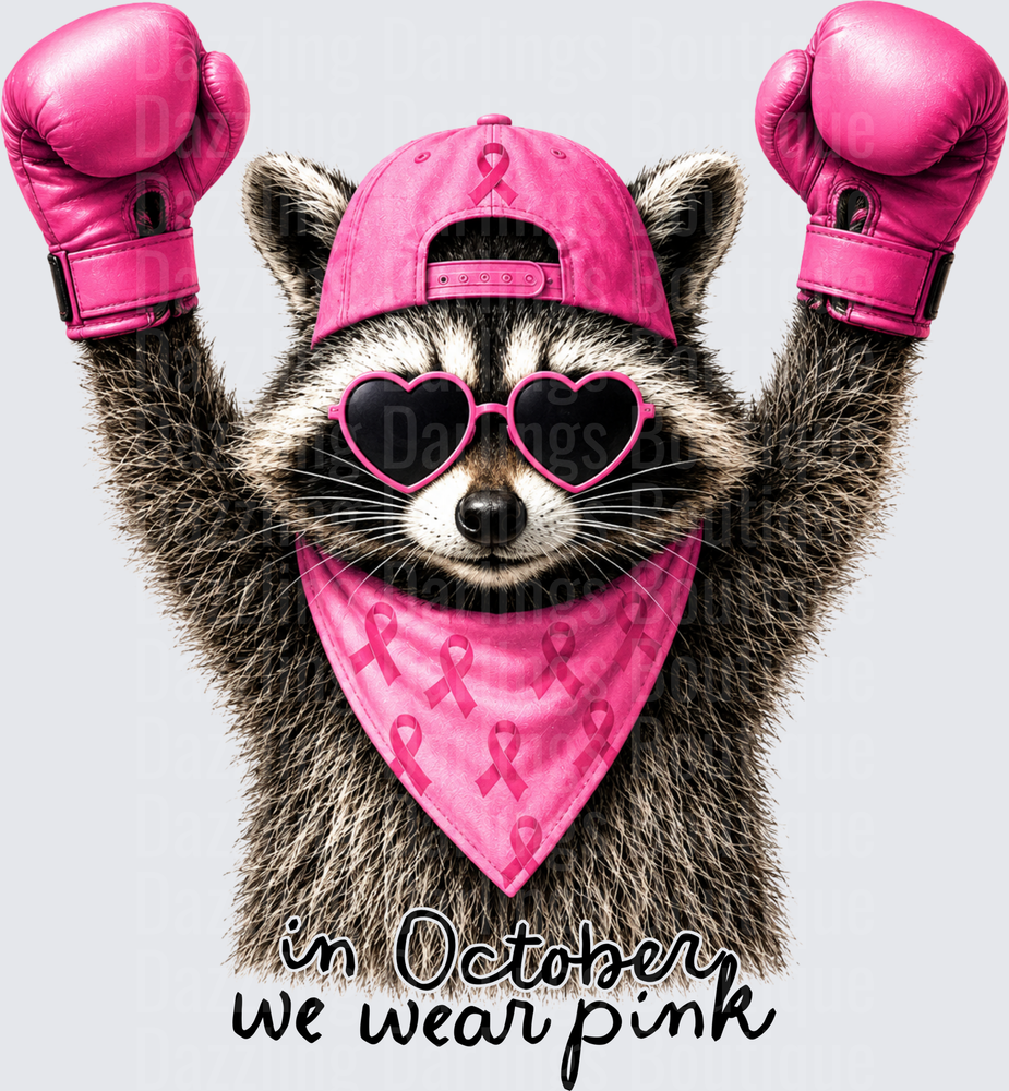 Raccoon Boxing Gloves Pink Ribbon In October We Wear Pink