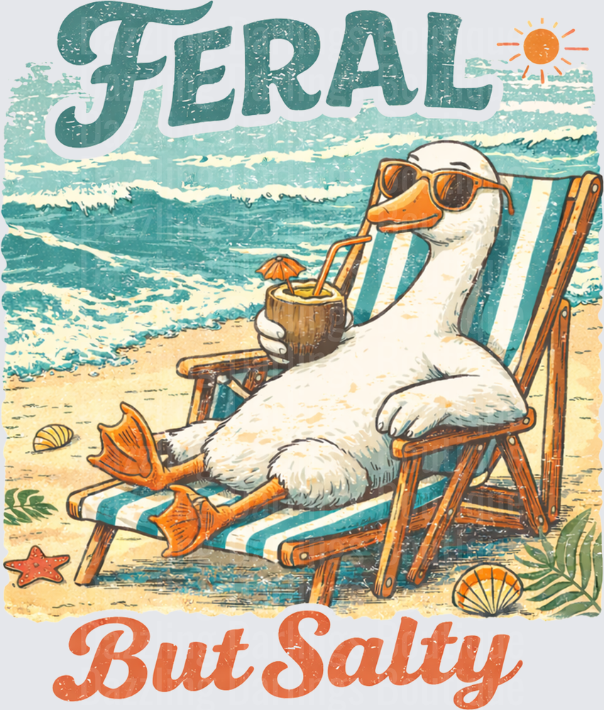 Feral But Salty Goose Relaxing on Beach Chair with Coconut Drink