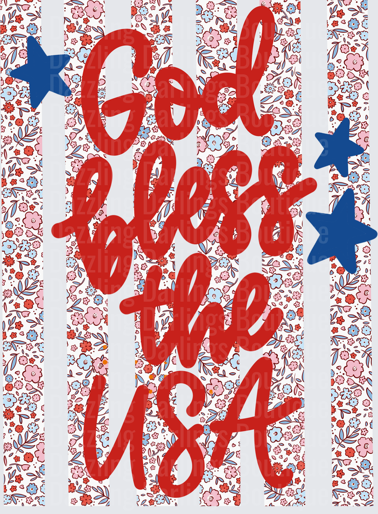 God Bless the USA Patriotic Typography with Stars and Floral Pattern