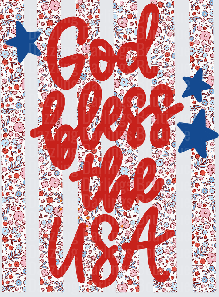 God Bless the USA Patriotic Typography with Stars and Floral Pattern