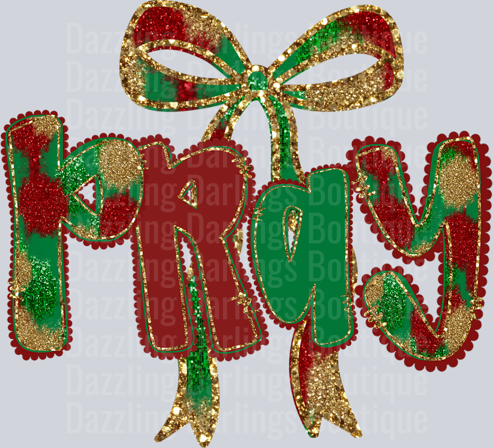 Pray Christmas Glitter Bow Plaid Letters