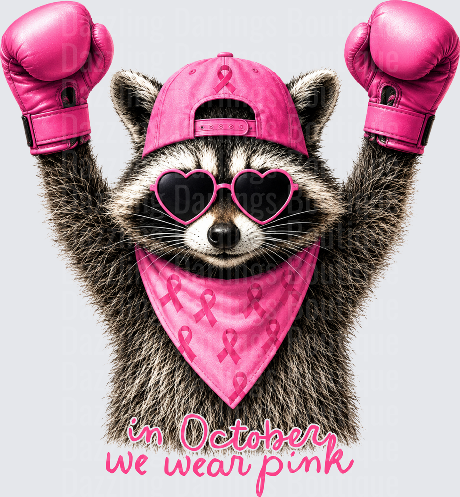 Raccoon Boxing Gloves Pink Ribbon In October We Wear Pink