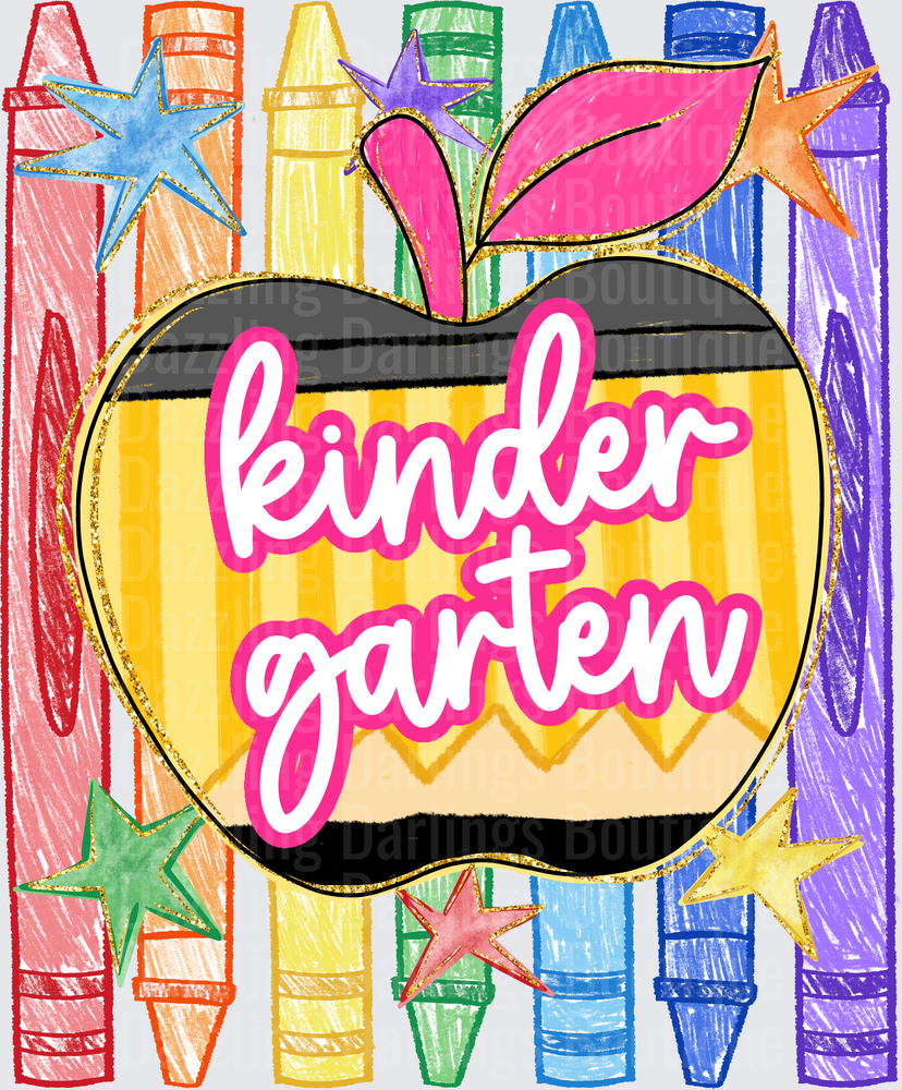 Kindergarten Rainbow Crayons Apple Back to School Design