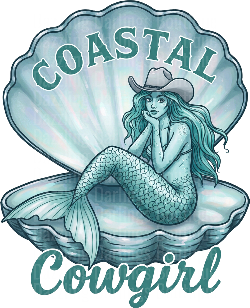Coastal Cowgirl Mermaid in Seashell with Western Hat
