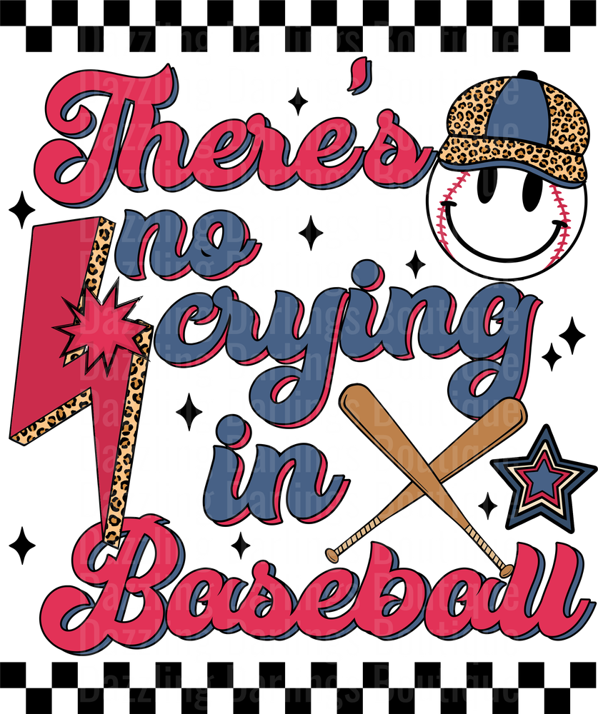 There's No Crying in Baseball Retro Sports Design with Leopard Print and Smiley Face