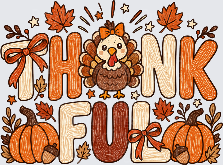 Thankful Turkey Bows Pumpkins Retro Letters