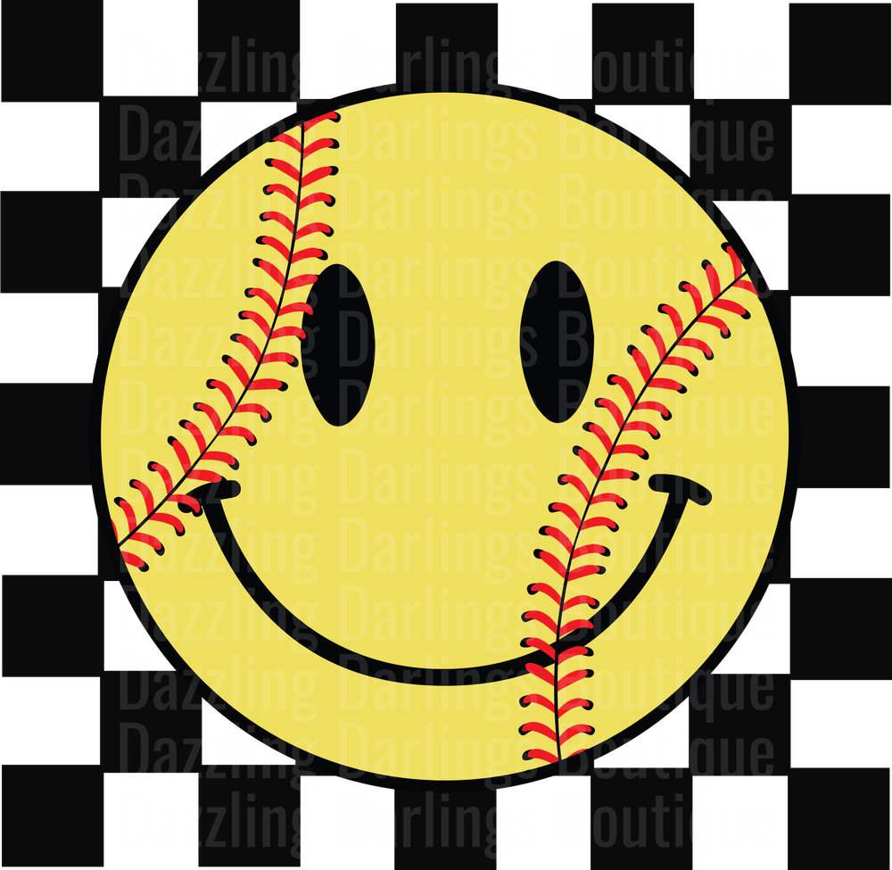 Happy Softball Smiley Face with Red Stitching