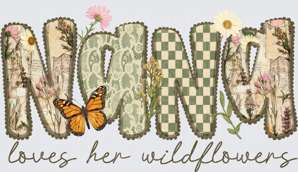 Mama Loves Her Wildflowers Vintage Botanical Butterfly Design
