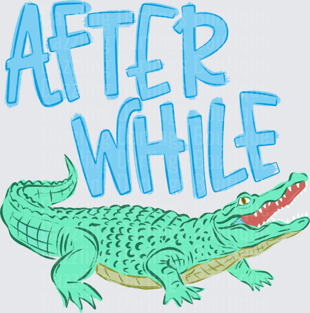After While Crocodile Blue Text Green Alligator Design