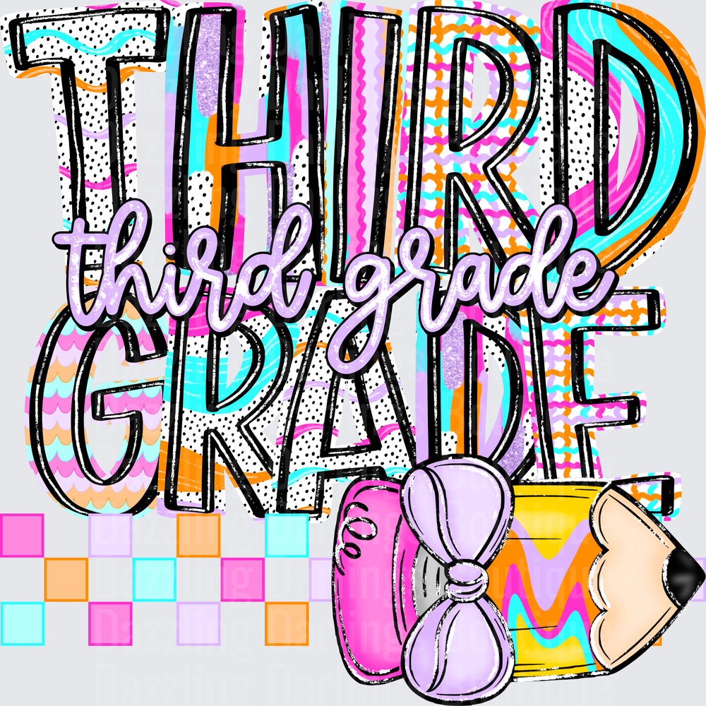 Third Grade Bold Colorful Typography with Pencil and Bow