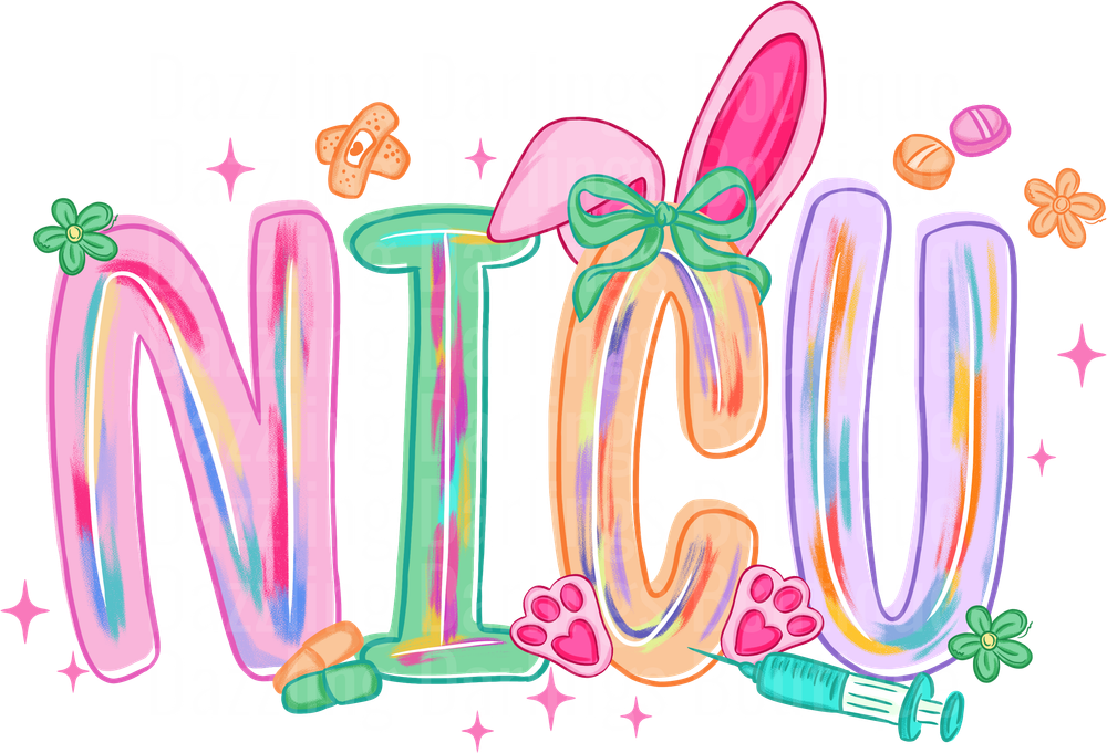 NICU Rainbow Bubble Letters with Medical Themed Elements