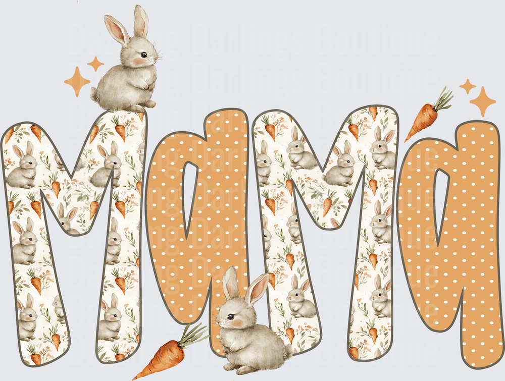 Mama Text with Cute Bunnies and Carrots Pattern Design