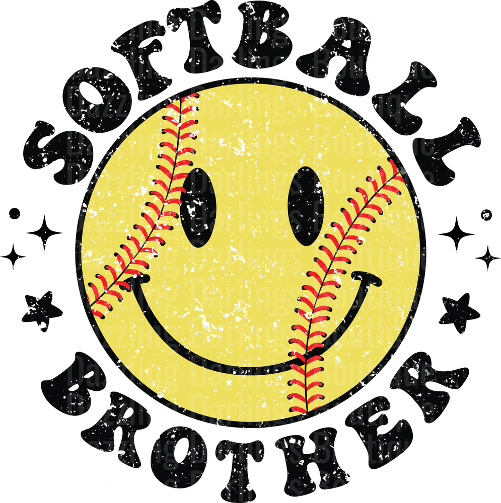 Softball Brother Smiley Face with Red Stitching and Stars