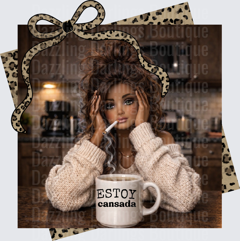 Estoy Cansada Messy Bun Girl with Coffee Mug Leopard Bow