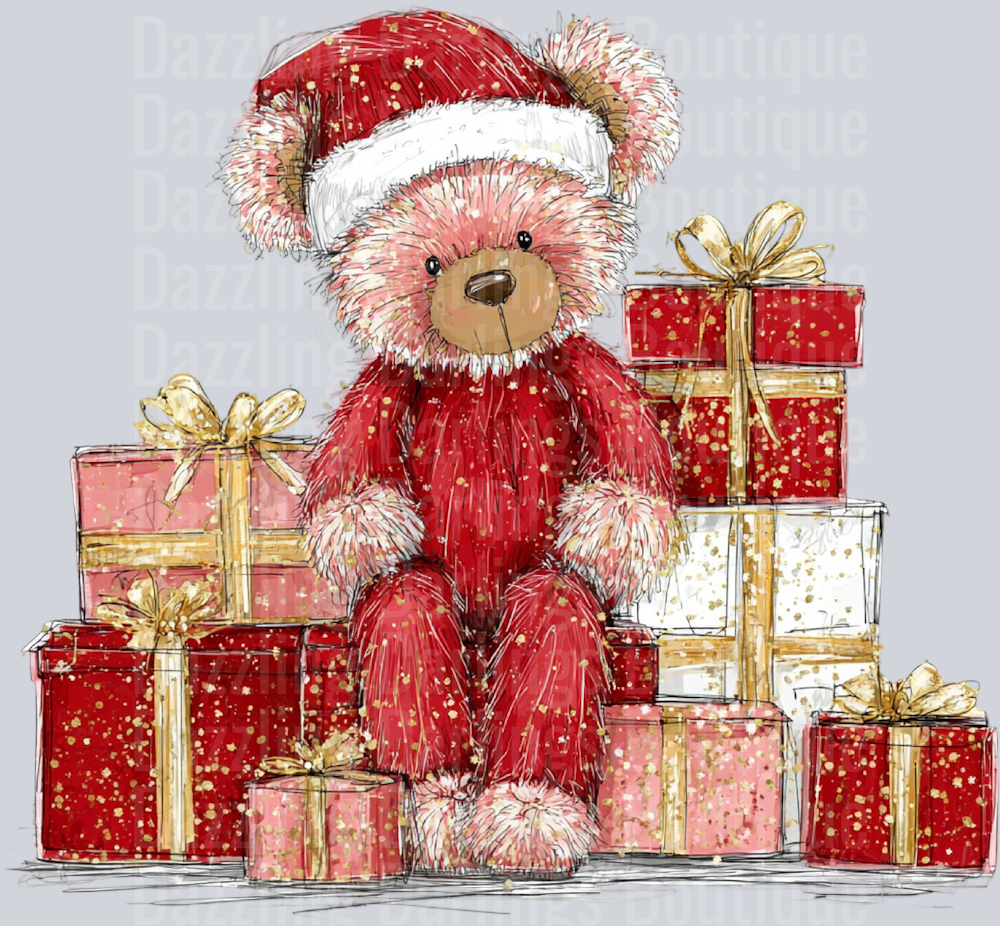 Christmas Teddy Bear Red Bear Santa Hat Gift Pile