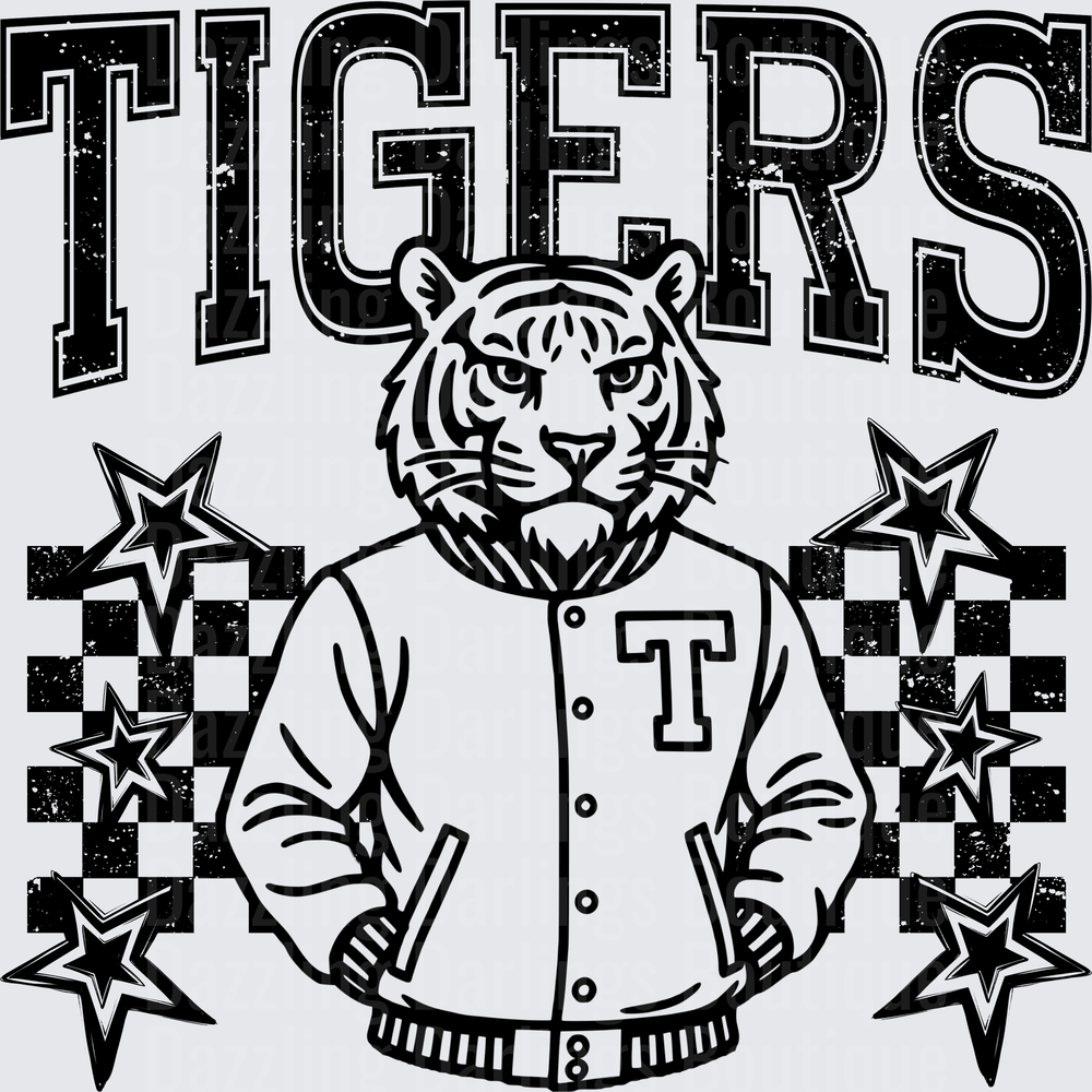 Tigers Mascot Varsity Jacket Checker Stars Grunge Graphic