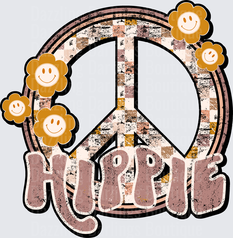 Retro Peace Sign with Smiley Face Flowers and Hippie Text