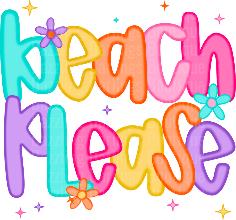 Beach Please Colorful Bubble Letters with Flowers and Stars