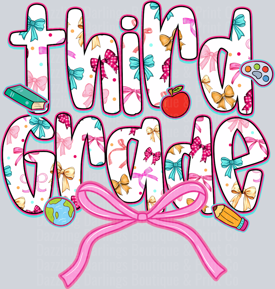 Third Grade Floral Letters Pink Bow Apple