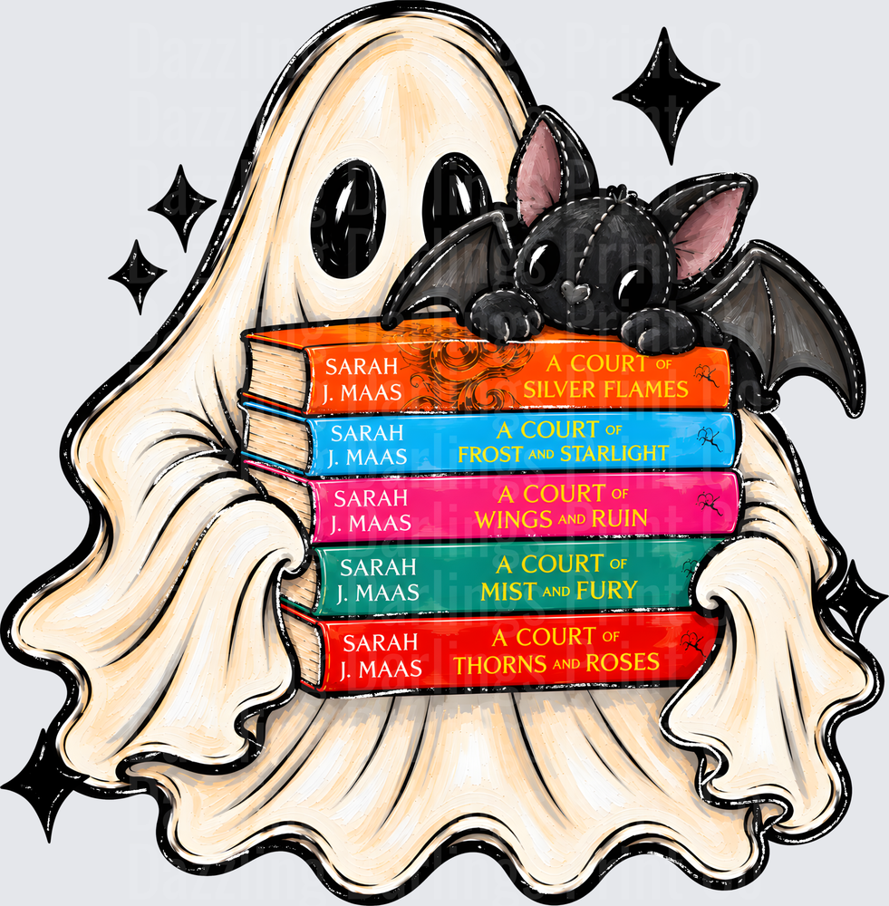 Cute Ghost Hugging ACOTAR Book Stack with Baby Bat