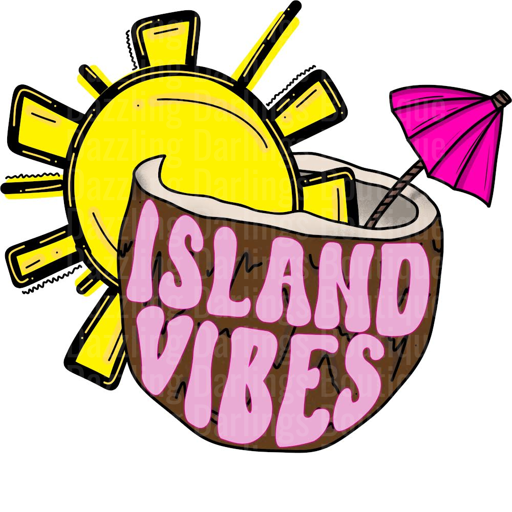 Island Vibes Coconut Drink with Sun and Pink Umbrella