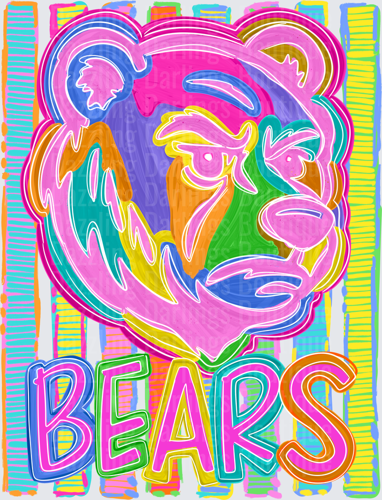 Colorful Neon Rainbow Bears Mascot Head Bold Stripes