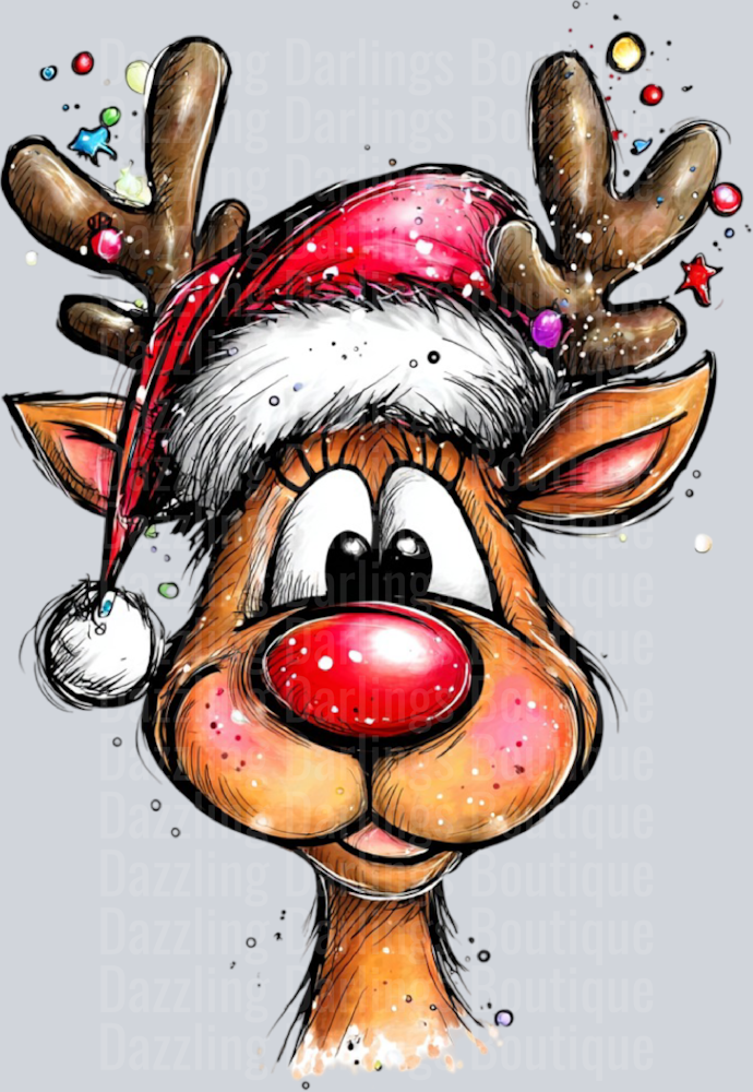 Hand-drawn Christmas Reindeer Santa Hat Smiling Portrait