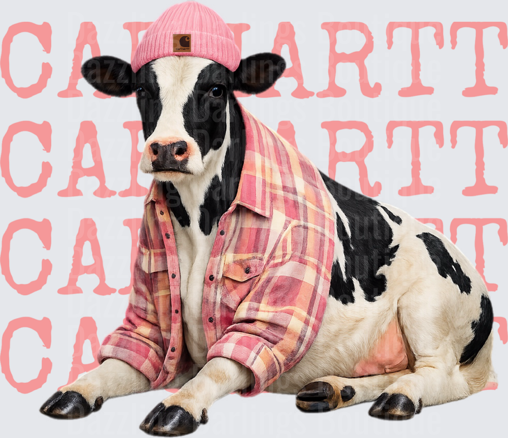 Fashionable Cow in Pink Beanie and Plaid Flannel Shirt