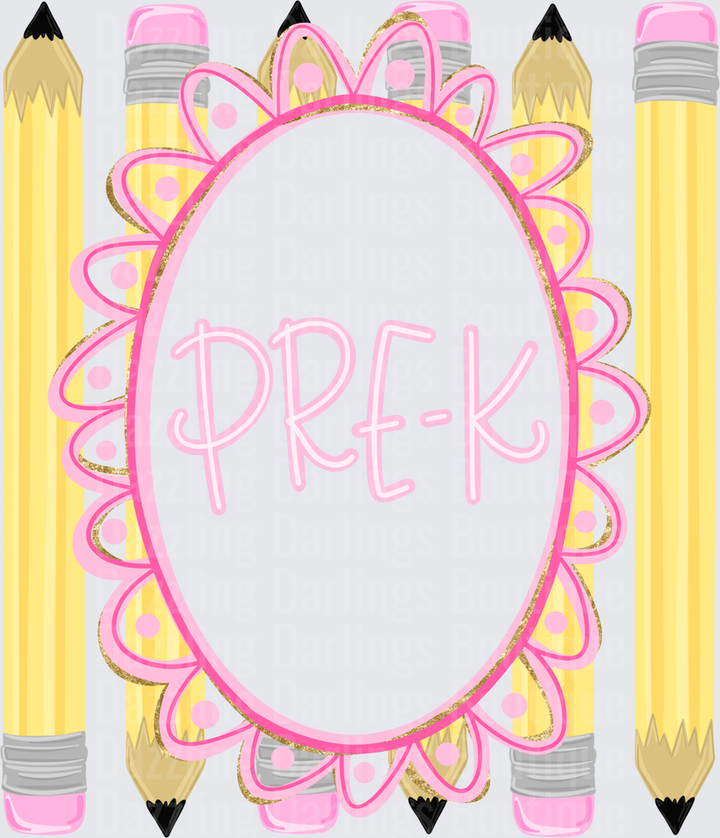 Pre-K Pink Gold Floral Oval Frame with Yellow Pencils