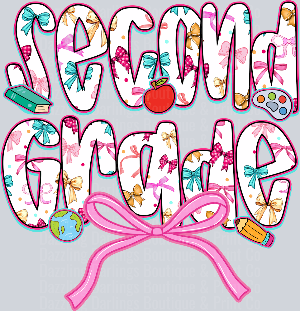 Back To School Second Grade Floral Letters Pink Bow Apple