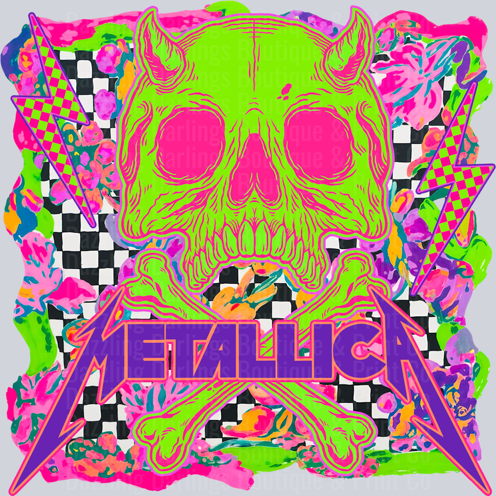 Rock Band Neon Devil Skull Checkered Pointed Letters