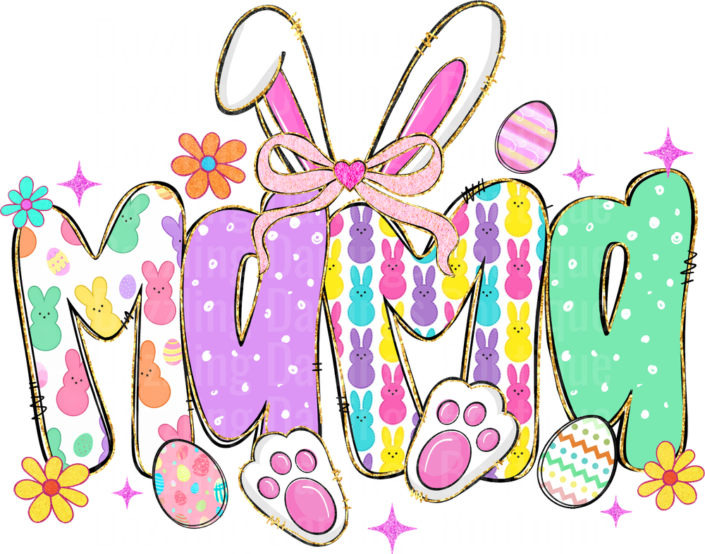 Easter Mama Bunny Ears Bow Peeps Pattern Colorful Letters