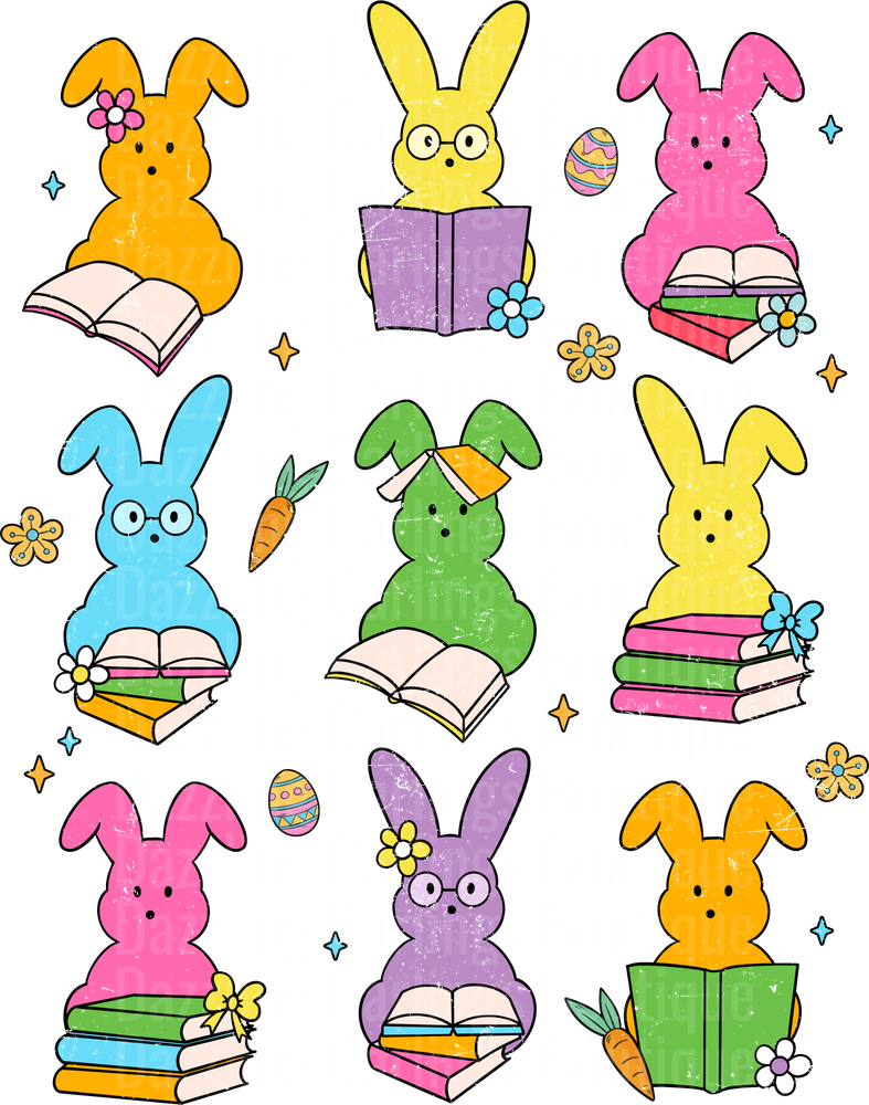 Cute Easter Bunnies Reading Books with Flowers and Eggs