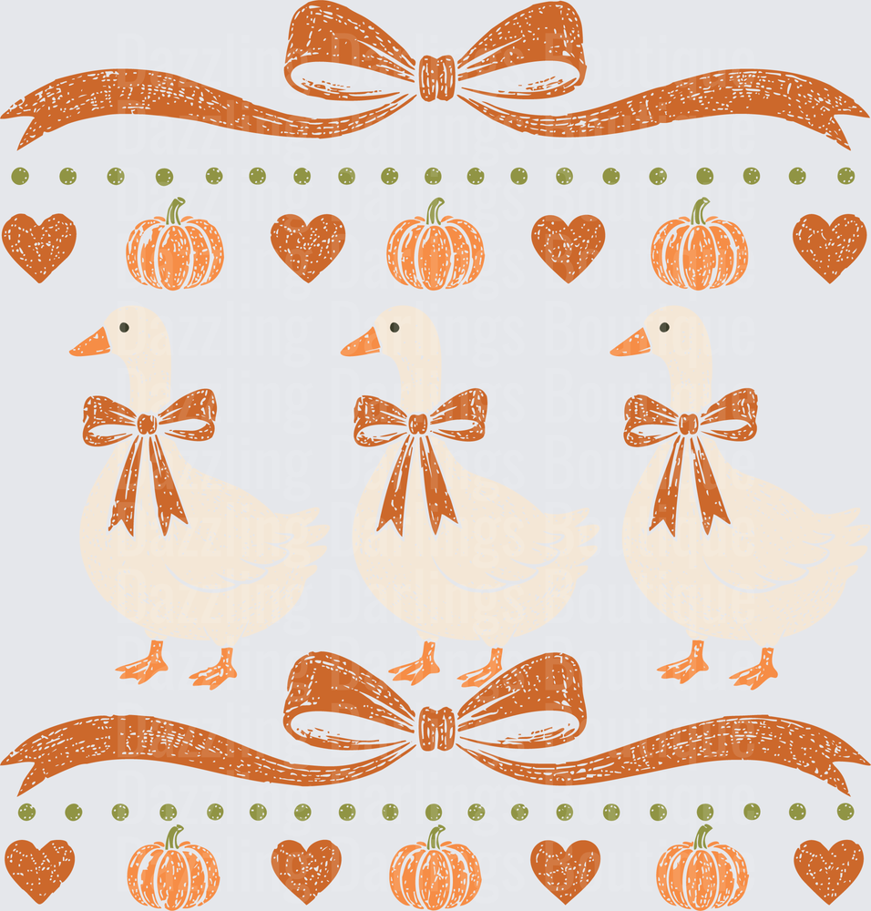 Fall Harvest Geese with Bows Pumpkins Hearts Banner
