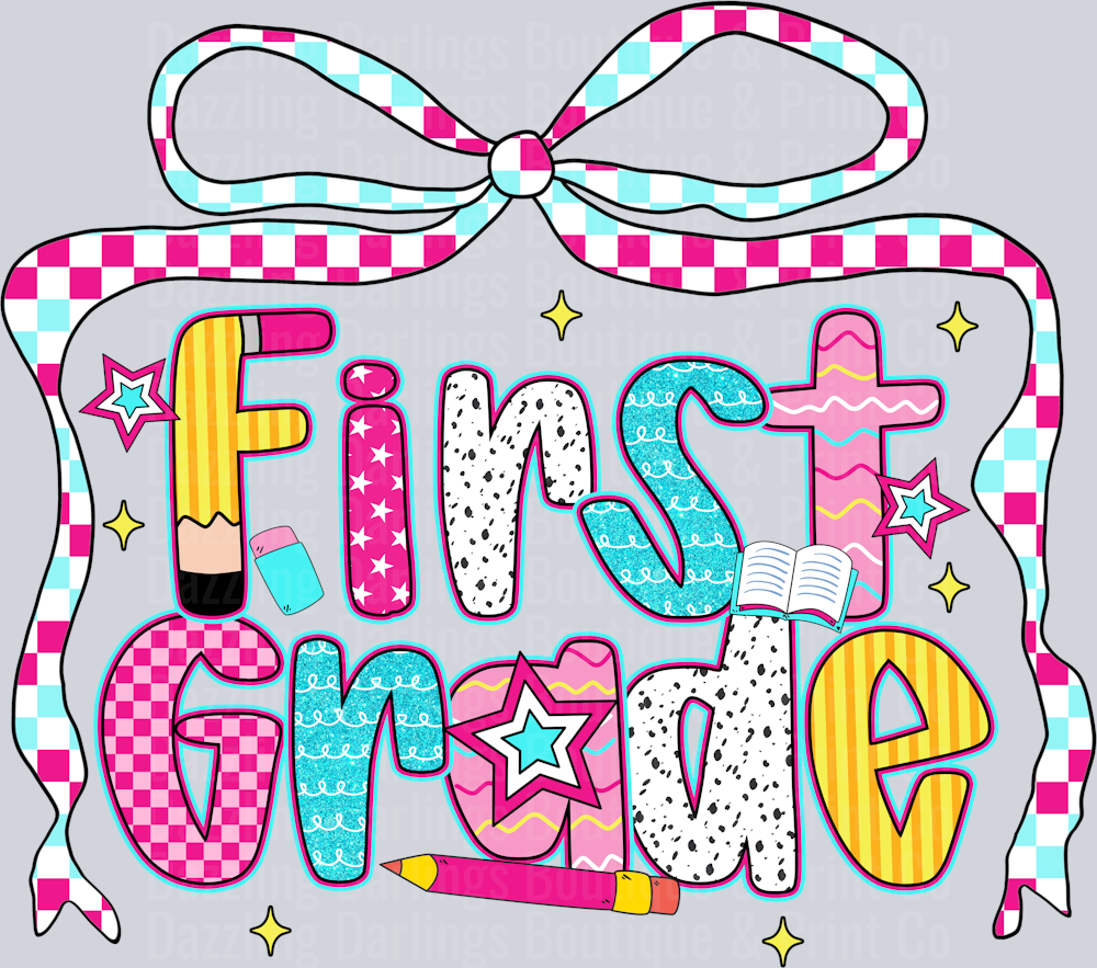 First Grade Checkered Ribbon Bow Patterned Letters