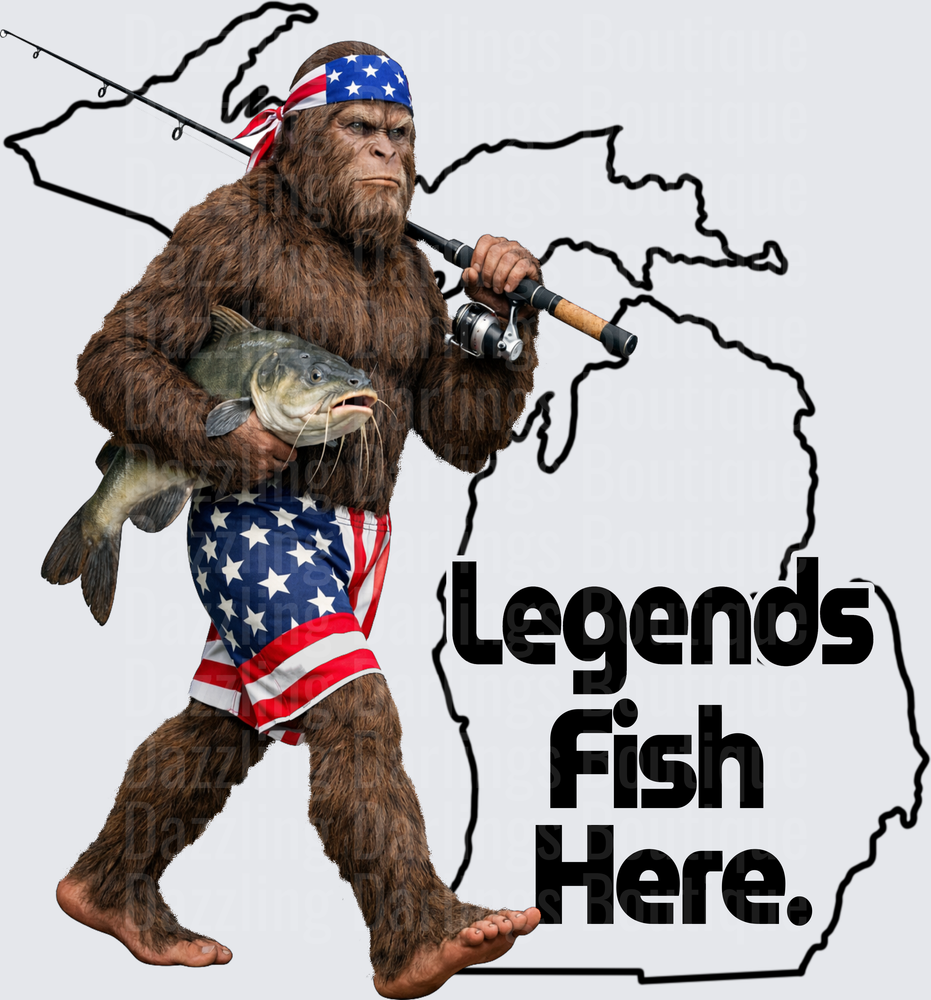 Bigfoot Fishing in Patriotic Shorts with American Flag Bandana Legends Fish Here