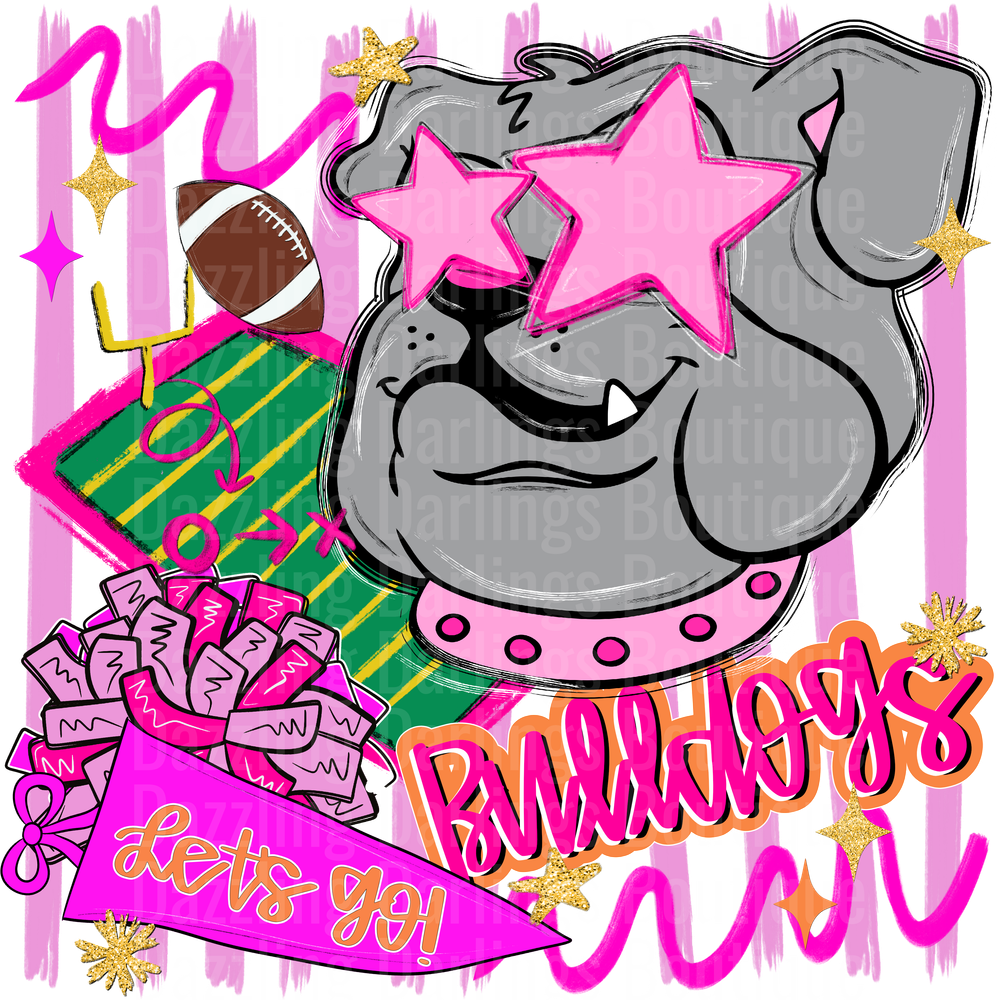 My Bulldogs Lets Go Football Design with Pink Stars and Pom Poms