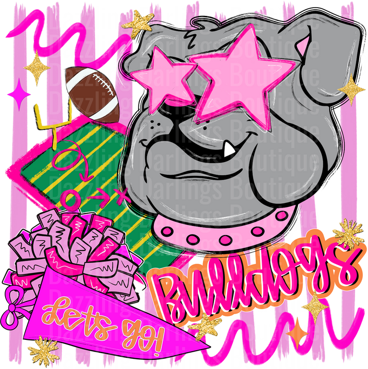 My Bulldogs Lets Go Football Design with Pink Stars and Pom Poms