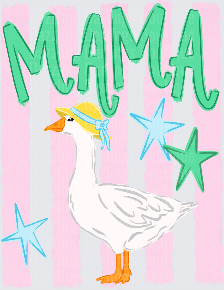 Mama Goose with Yellow Bandana and Stars on Pink Stripes