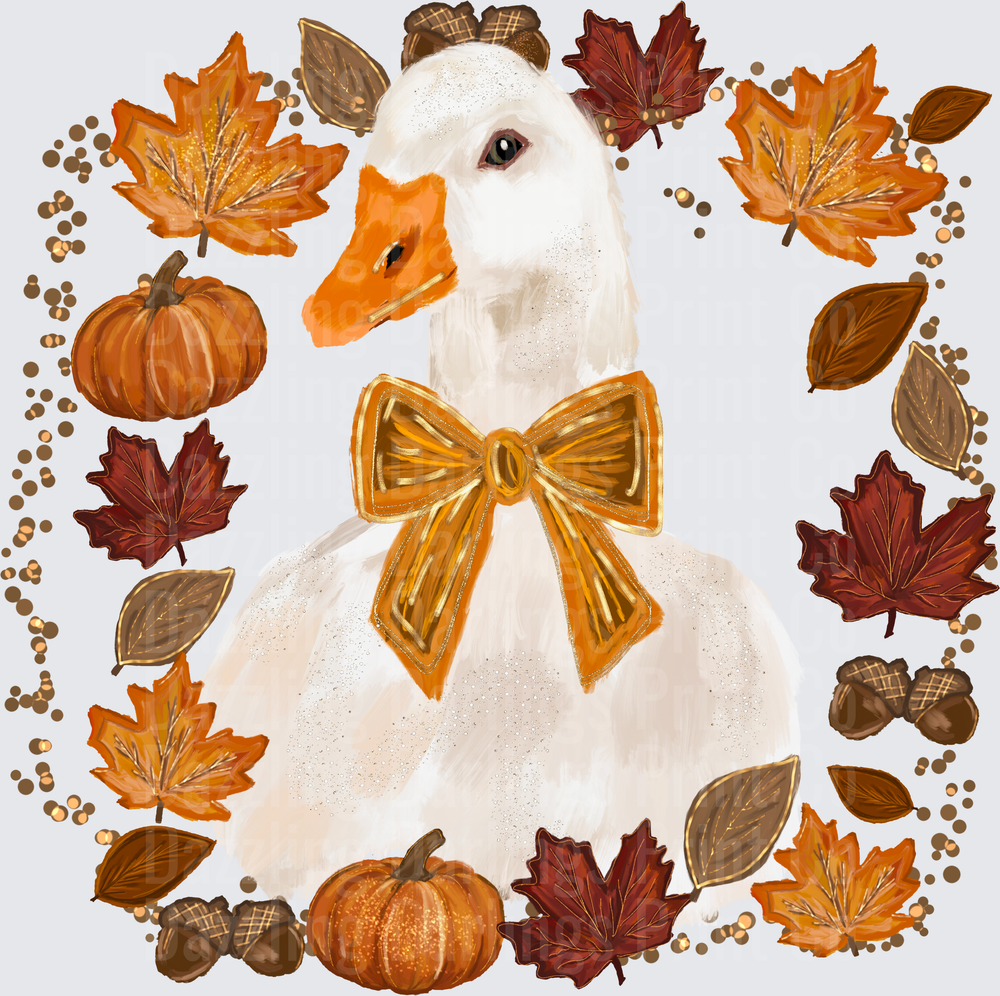 White Goose Gold Bow Fall Autumn Leaves Pumpkins Acorns