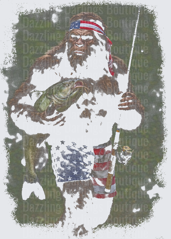 Bigfoot Sasquatch Holding Bass Fish Wearing American Flag Bandana