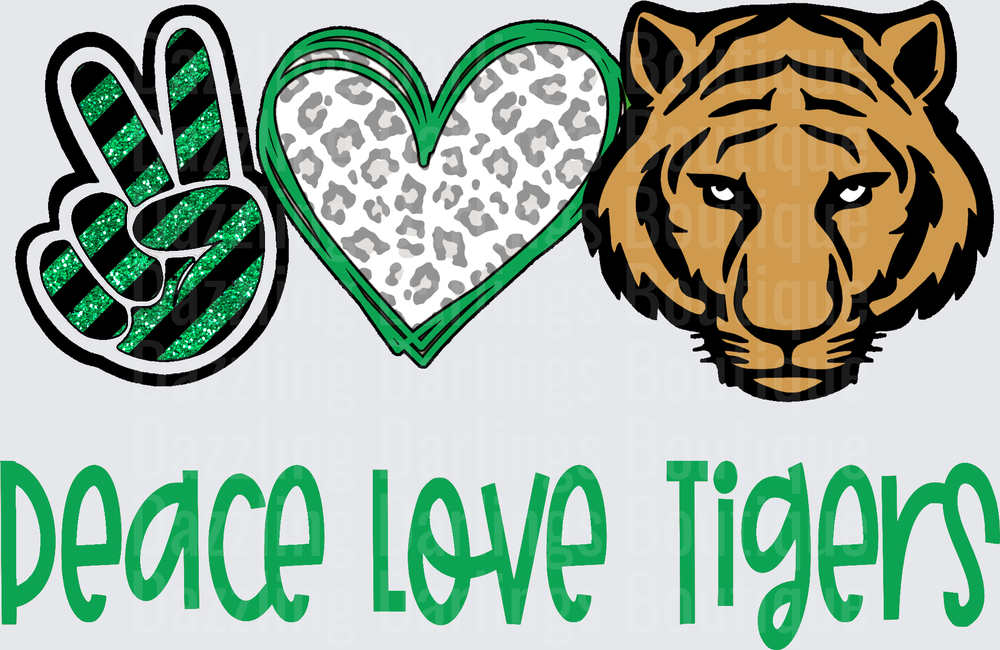 Peace Love Tigers Green Glitter Leopard Heart Design
