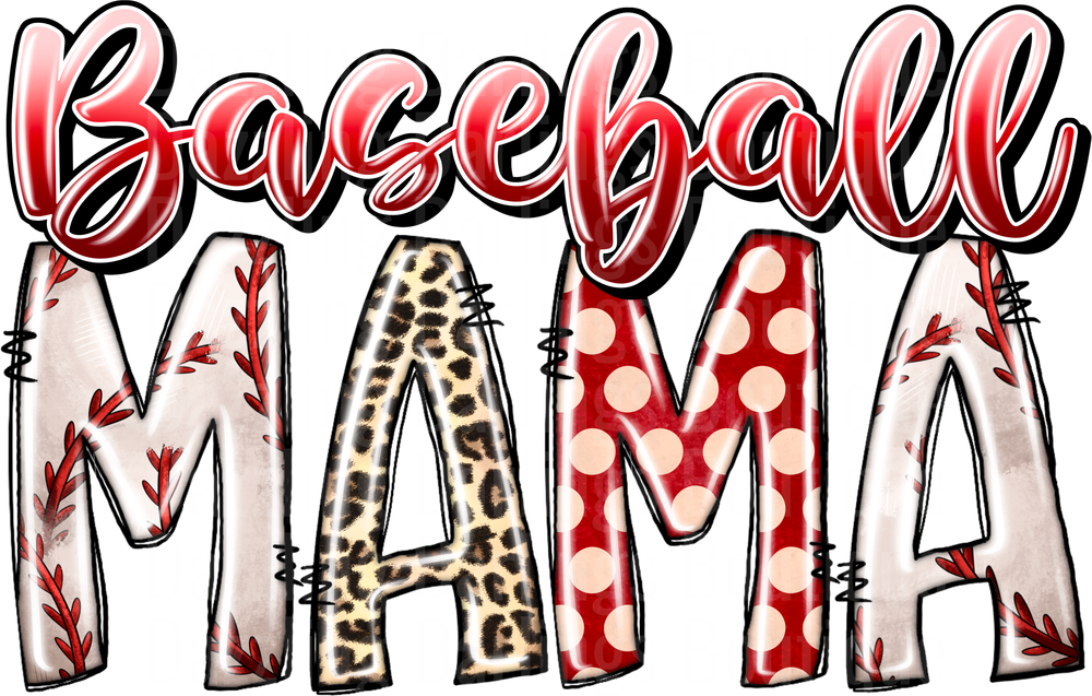 Baseball Mama with Red Script Text and Patterned Letters