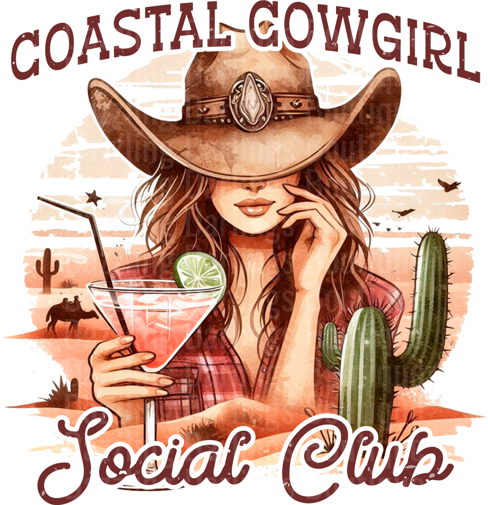 Coastal Cowgirl Social Club Western Woman with Cocktail Desert Scene