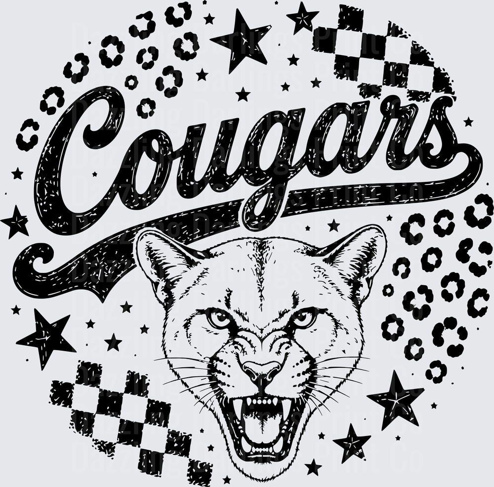Cougars Script Roaring Cougar Face Leopard Print Checkered Stars