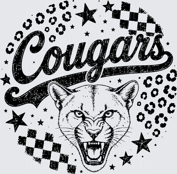 Cougars Script Roaring Cougar Face Leopard Print Checkered Stars