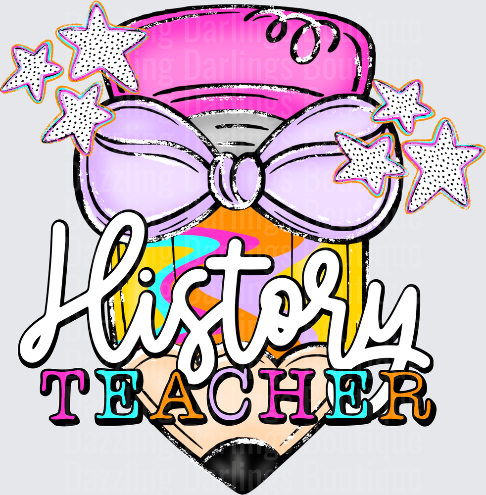History Teacher Pencil with Bow and Polka Dot Stars