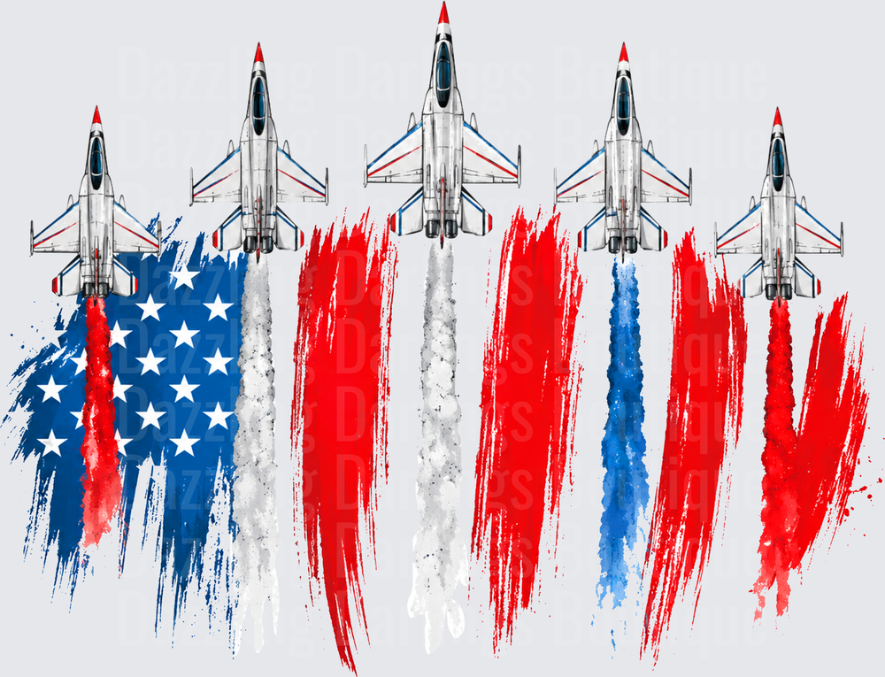 Five Fighter Jets Red White Blue American Flag Smoke Trail