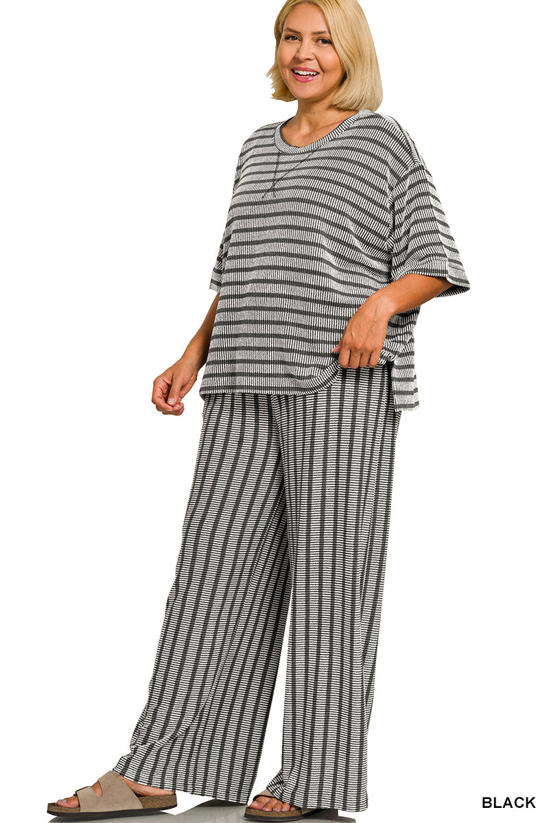 Zenana plus size raised rib striped short sleeve top and wide-leg pants set in black