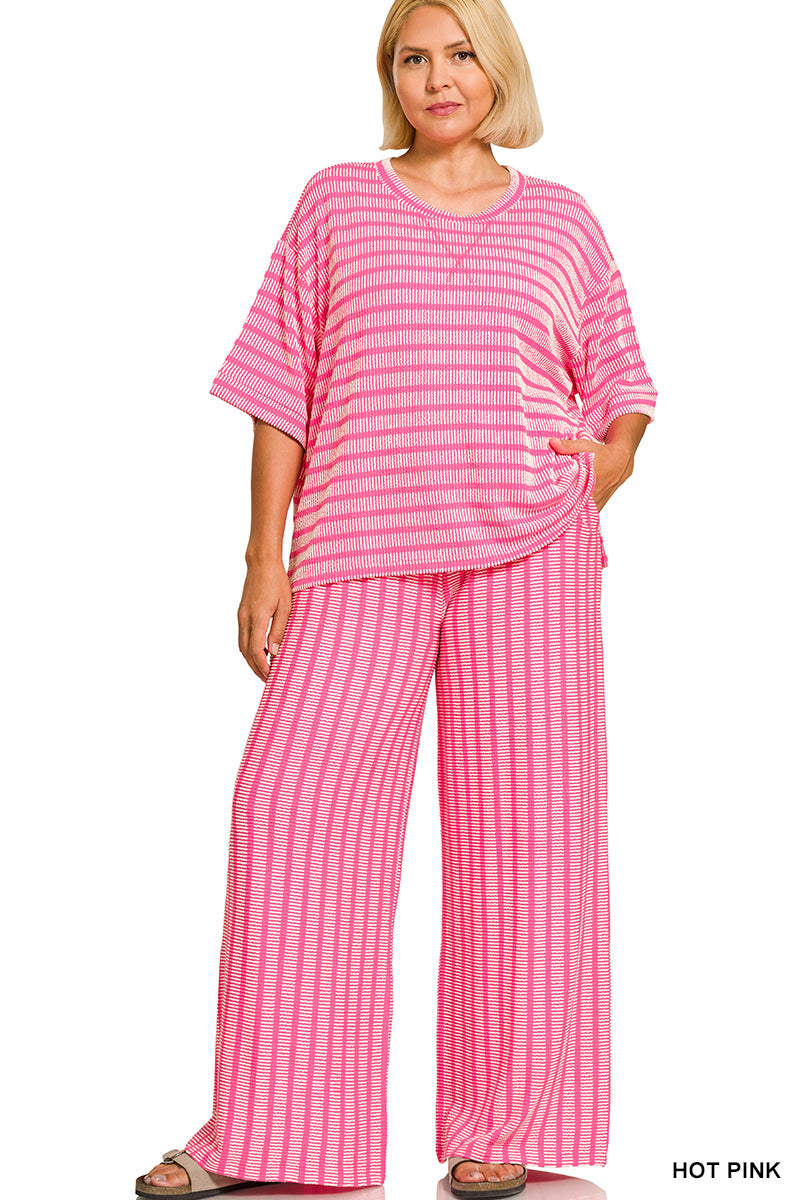 Zenana plus size raised rib striped short sleeve top and wide-leg pants set in hot pink